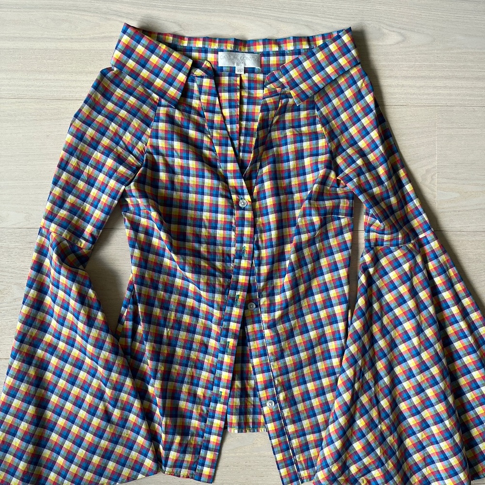 Caroline Constas Off Shouler Multicolor Checkered Buttom Down - XS